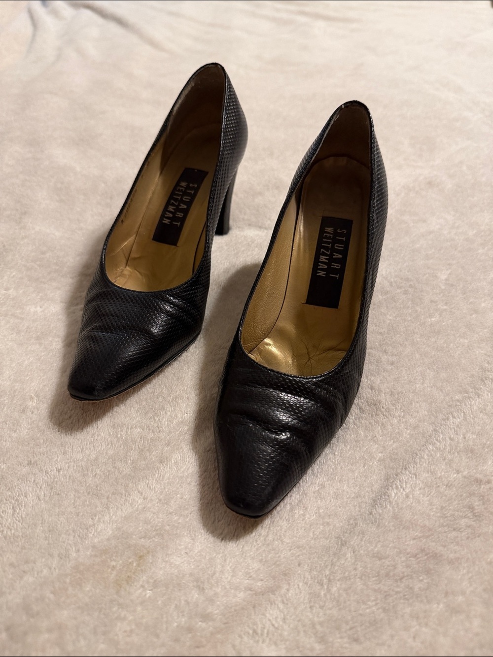 Stuart Weitzman Black Textured Leather Pointed Pumps